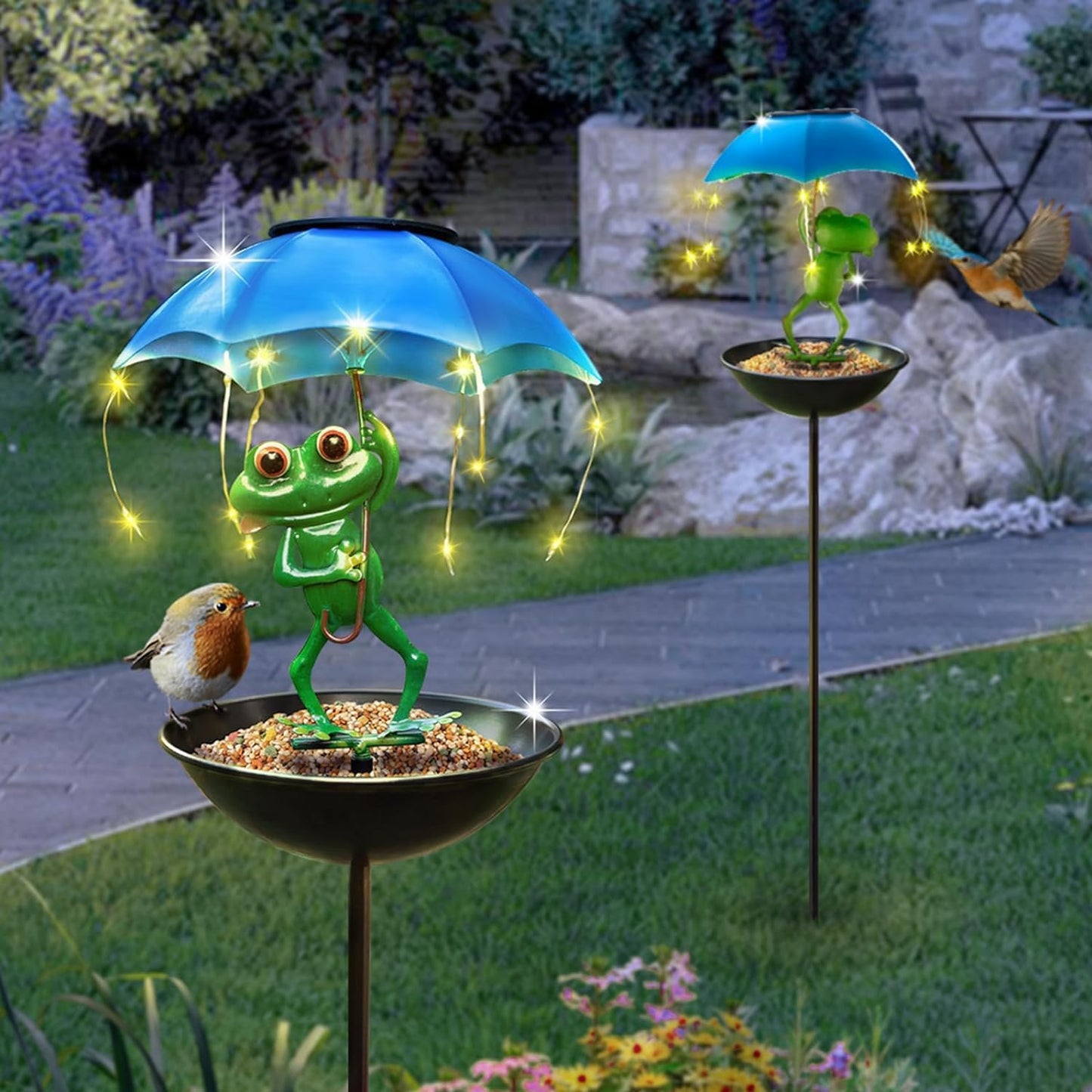 Solar Frog Umbrella Light with Bird Feeder