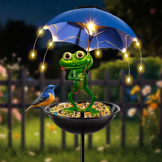 Solar Frog Umbrella Light with Bird Feeder