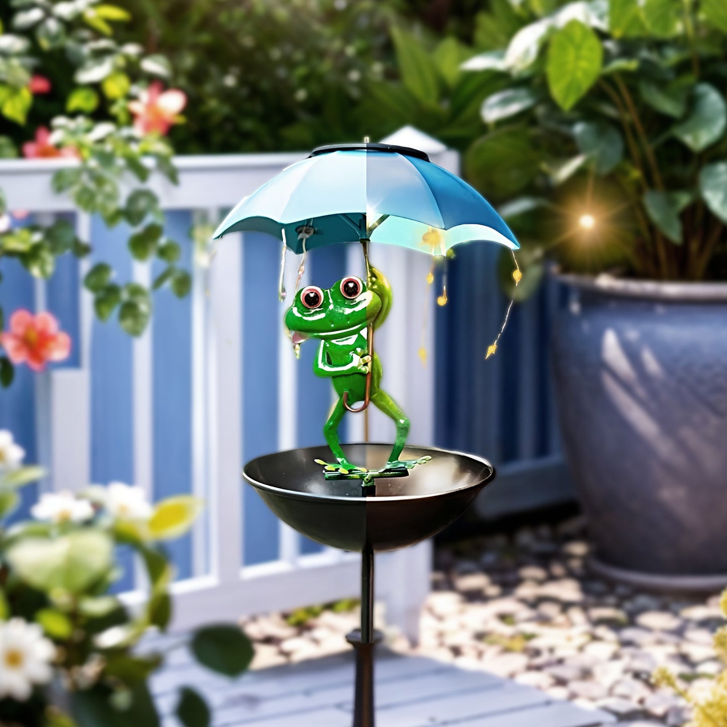 Solar Frog Umbrella Light with Bird Feeder