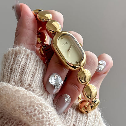 Oval Dial Beaded Bracelet Quartz Watch for Women