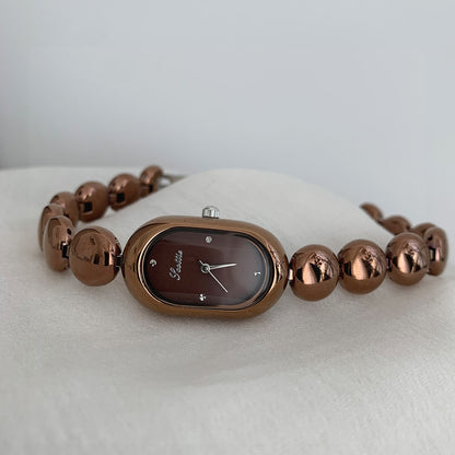 Oval Dial Beaded Bracelet Quartz Watch for Women