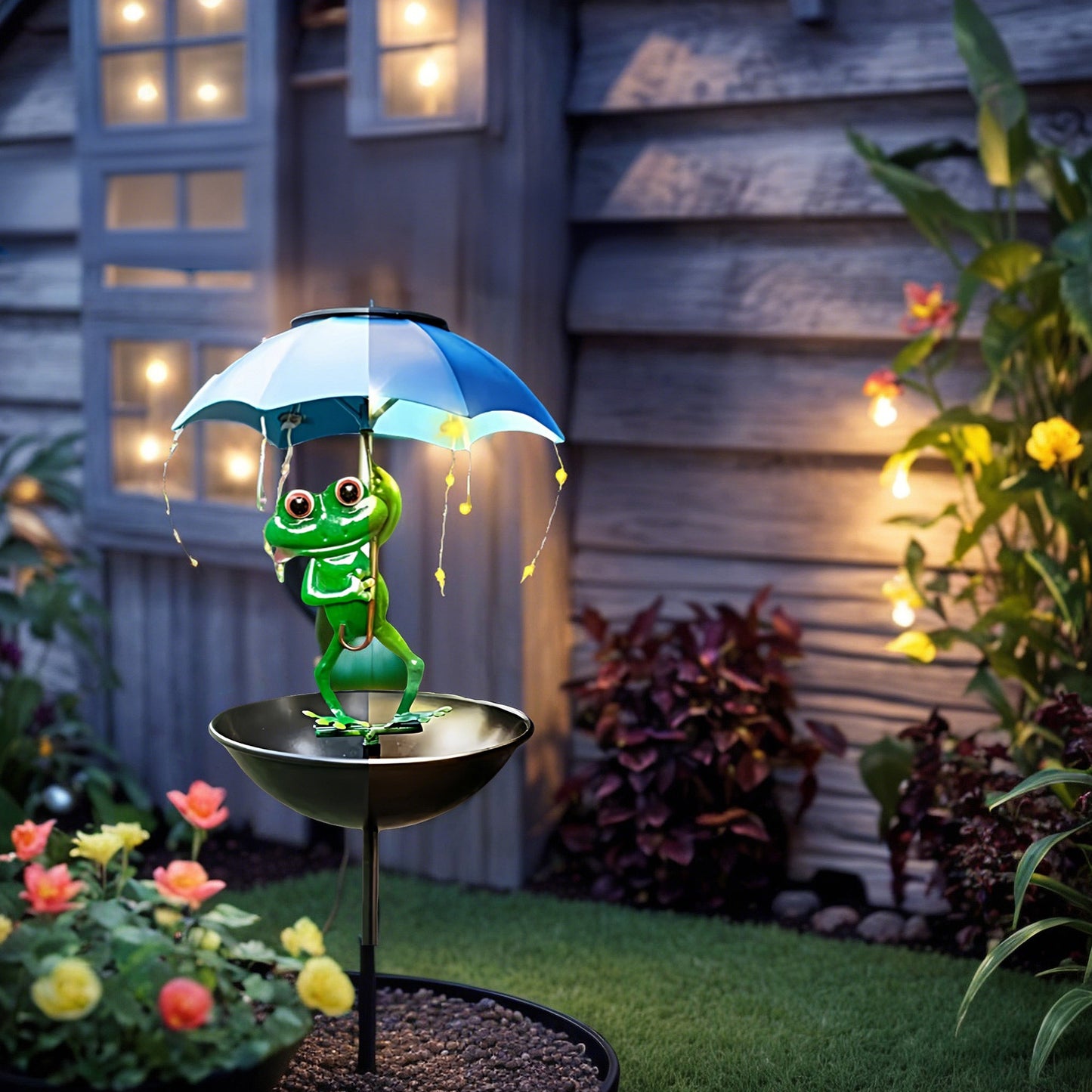 Solar Frog Umbrella Light with Bird Feeder