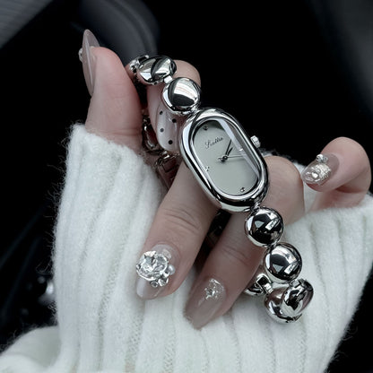 Oval Dial Beaded Bracelet Quartz Watch for Women