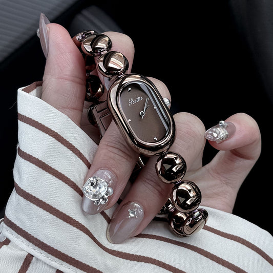 Oval Dial Beaded Bracelet Quartz Watch for Women