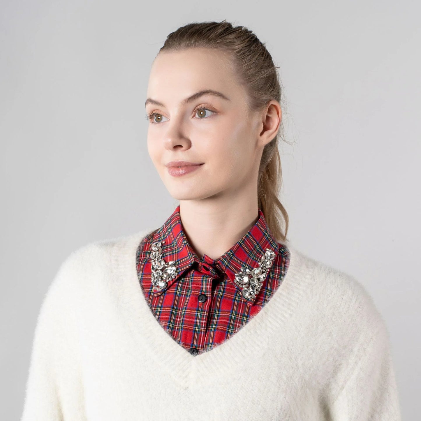 Christmas Plaid Rhinestone Fake Collar