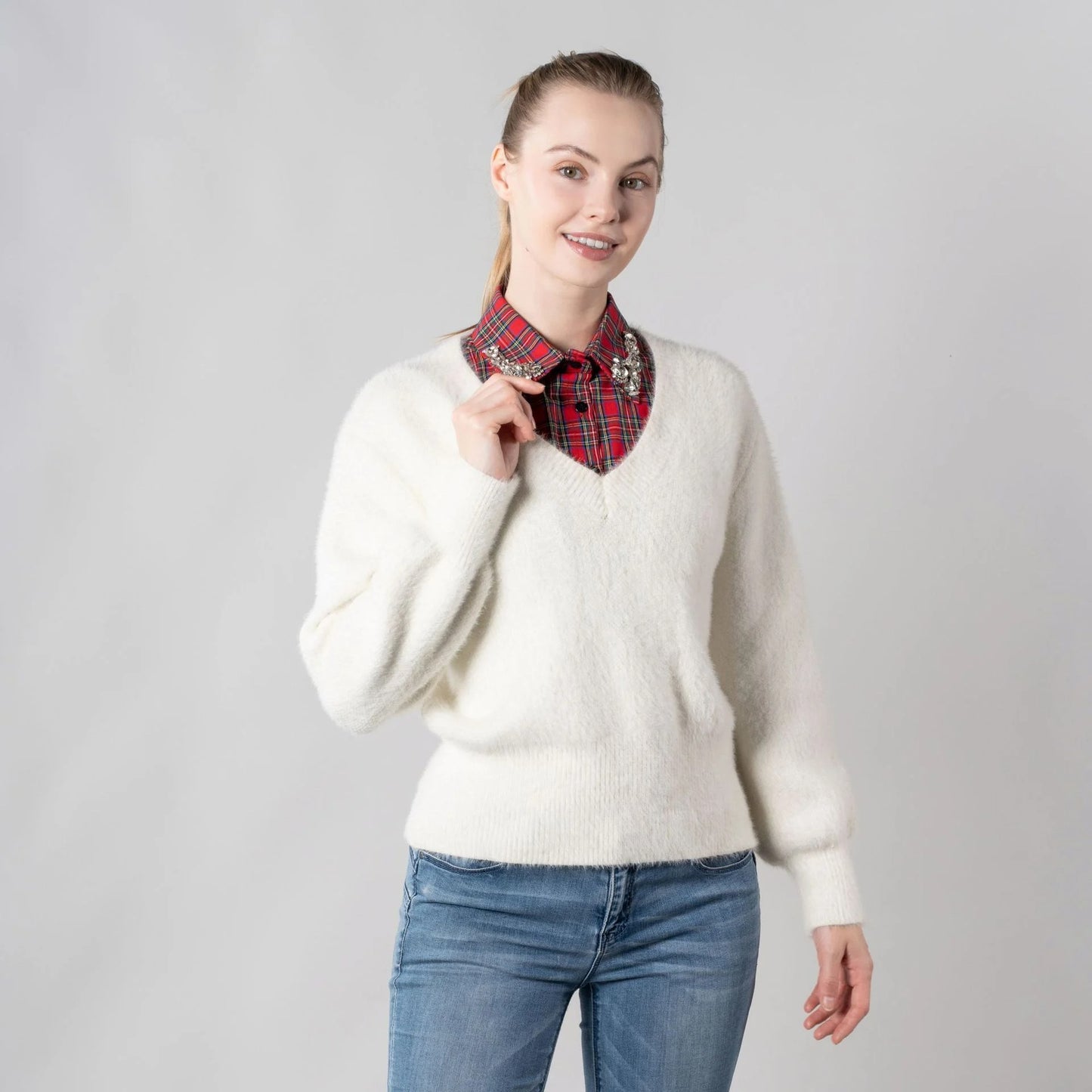 Christmas Plaid Rhinestone Fake Collar