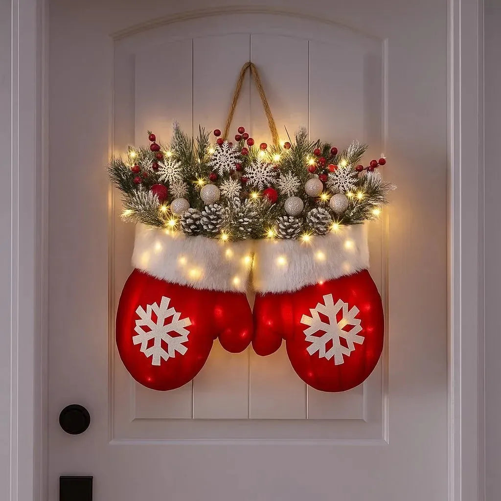 🥊Twinkling Christmas Mitten Wreath with LED Lights💐✨