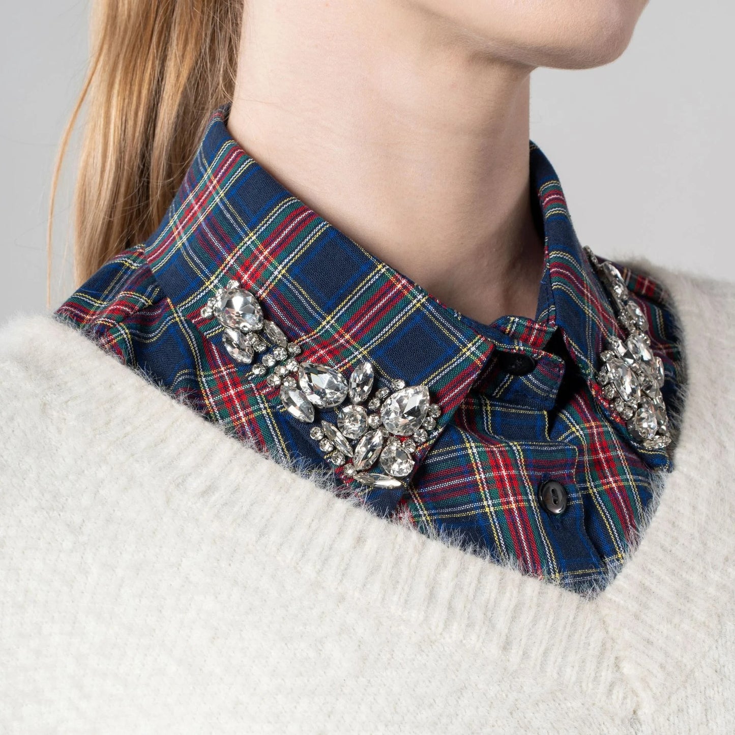 Christmas Plaid Rhinestone Fake Collar