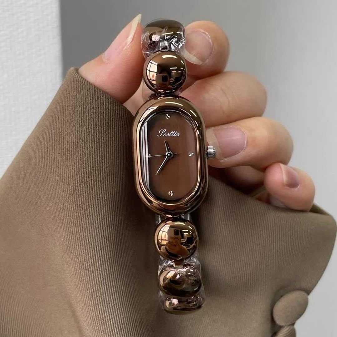 Oval Dial Beaded Bracelet Quartz Watch for Women