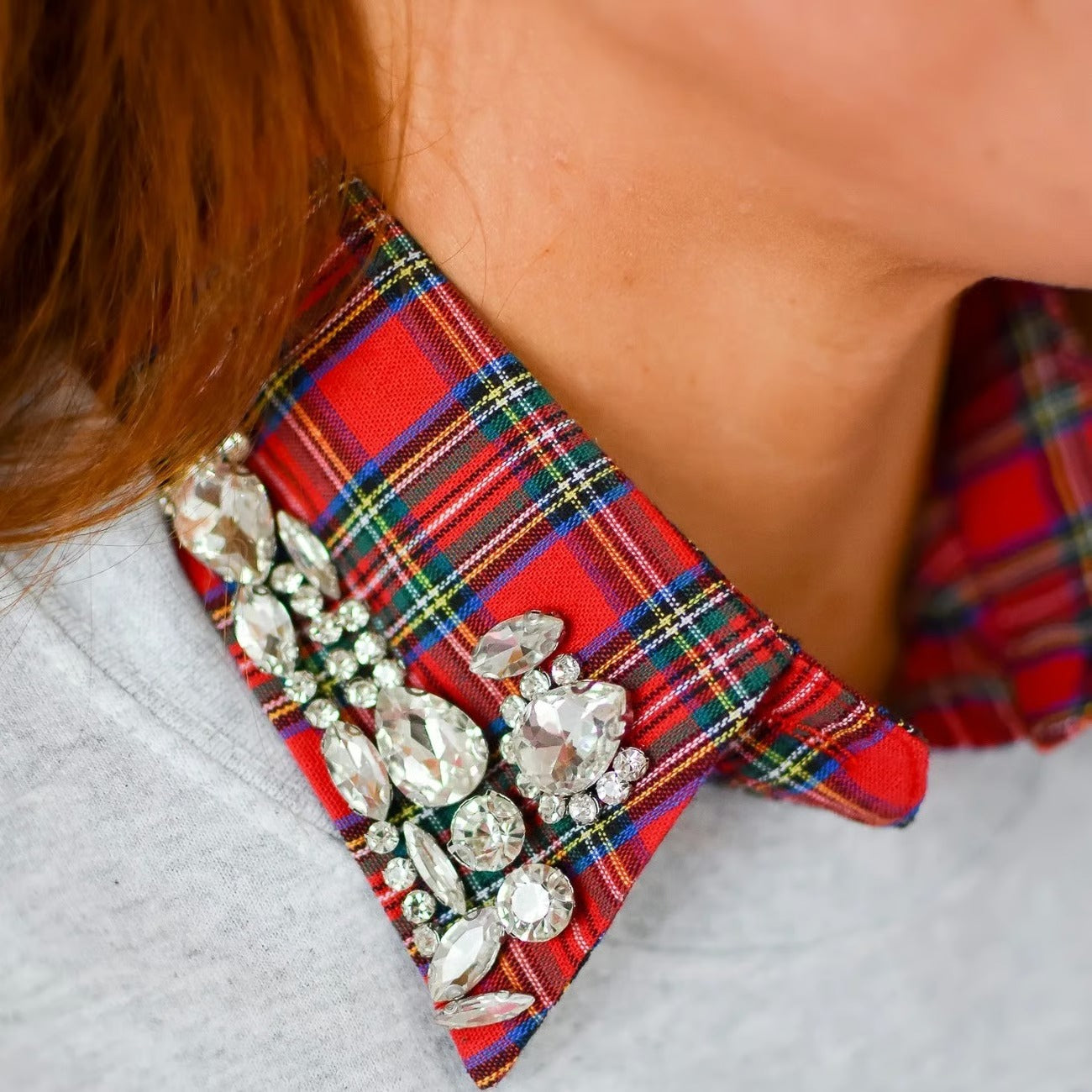 Christmas Plaid Rhinestone Fake Collar